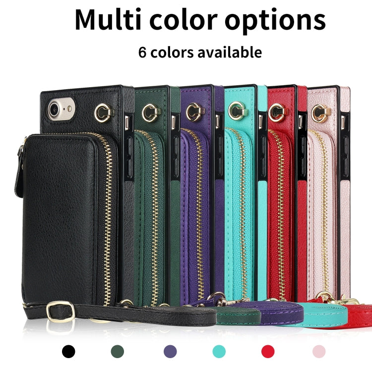 For iPhone SE 2022 / SE 2020 / 8 / 7 Cross-body Zipper Big Wallet Bag Square TPU+PU Back Cover Case with Holder & Card Slots & Wallet & Strap