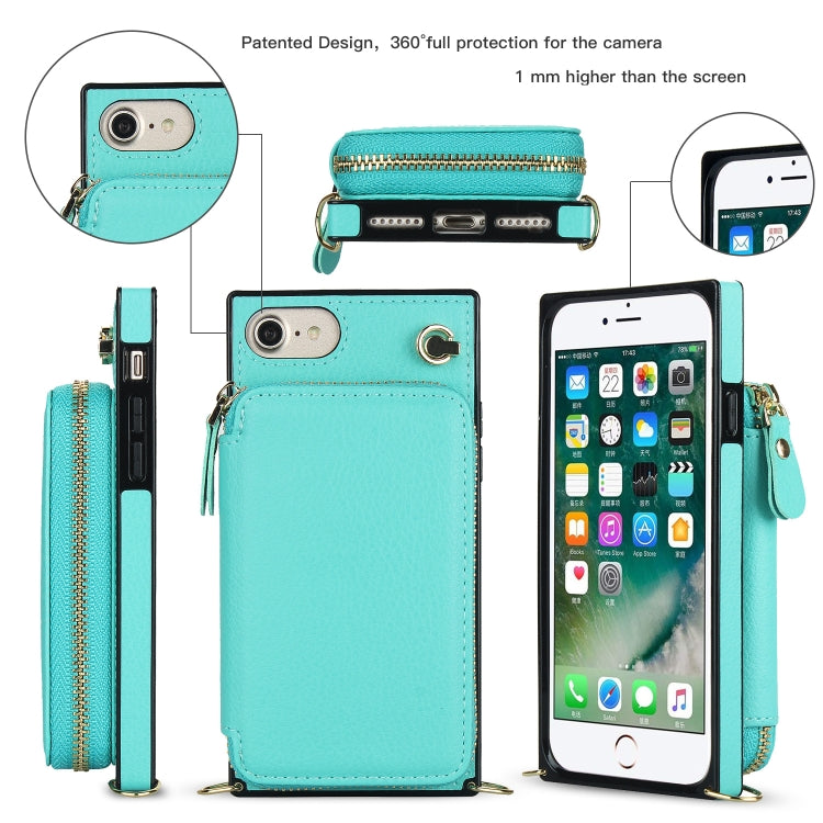 For iPhone SE 2022 / SE 2020 / 8 / 7 Cross-body Zipper Big Wallet Bag Square TPU+PU Back Cover Case with Holder & Card Slots & Wallet & Strap