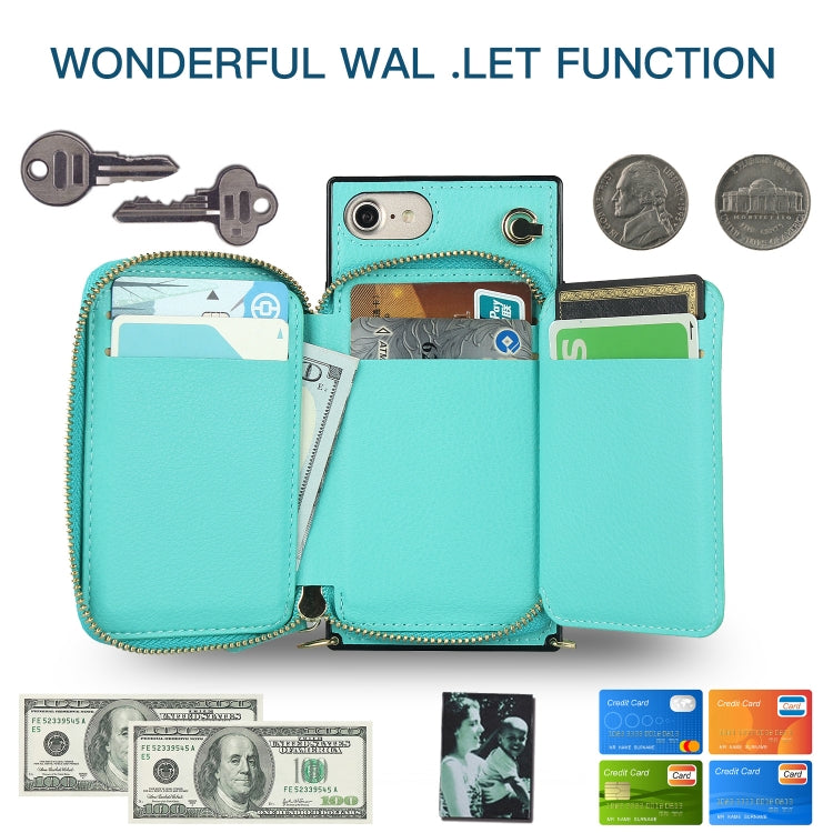 For iPhone SE 2022 / SE 2020 / 8 / 7 Cross-body Zipper Big Wallet Bag Square TPU+PU Back Cover Case with Holder & Card Slots & Wallet & Strap