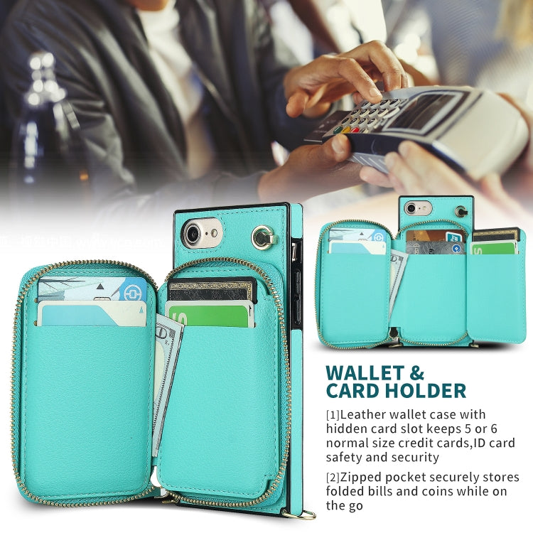 For iPhone SE 2022 / SE 2020 / 8 / 7 Cross-body Zipper Big Wallet Bag Square TPU+PU Back Cover Case with Holder & Card Slots & Wallet & Strap