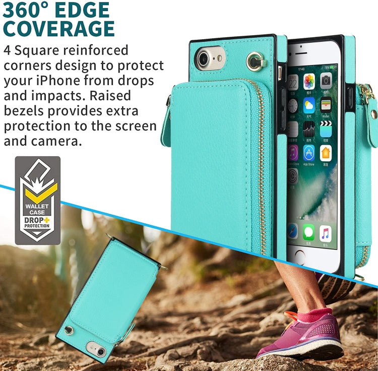 For iPhone SE 2022 / SE 2020 / 8 / 7 Cross-body Zipper Big Wallet Bag Square TPU+PU Back Cover Case with Holder & Card Slots & Wallet & Strap