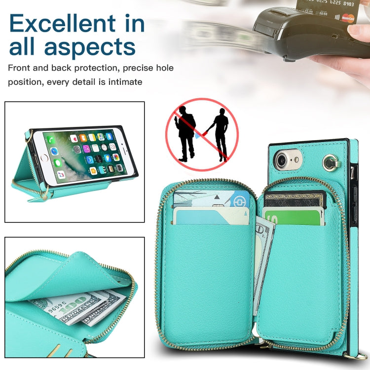 For iPhone SE 2022 / SE 2020 / 8 / 7 Cross-body Zipper Big Wallet Bag Square TPU+PU Back Cover Case with Holder & Card Slots & Wallet & Strap