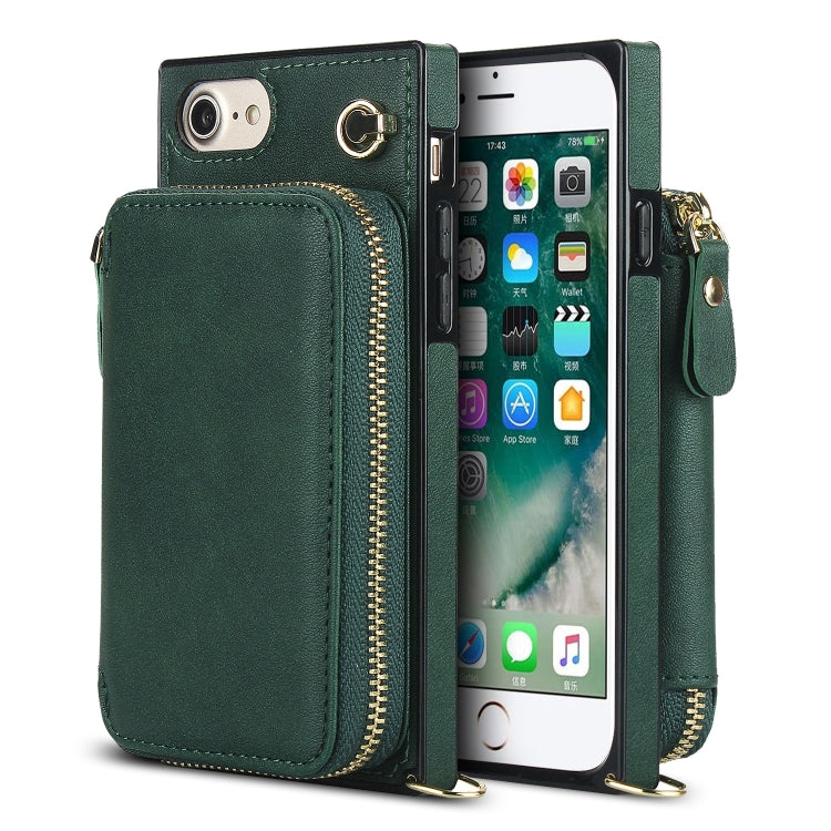 For iPhone SE 2022 / SE 2020 / 8 / 7 Cross-body Zipper Big Wallet Bag Square TPU+PU Back Cover Case with Holder & Card Slots & Wallet & Strap
