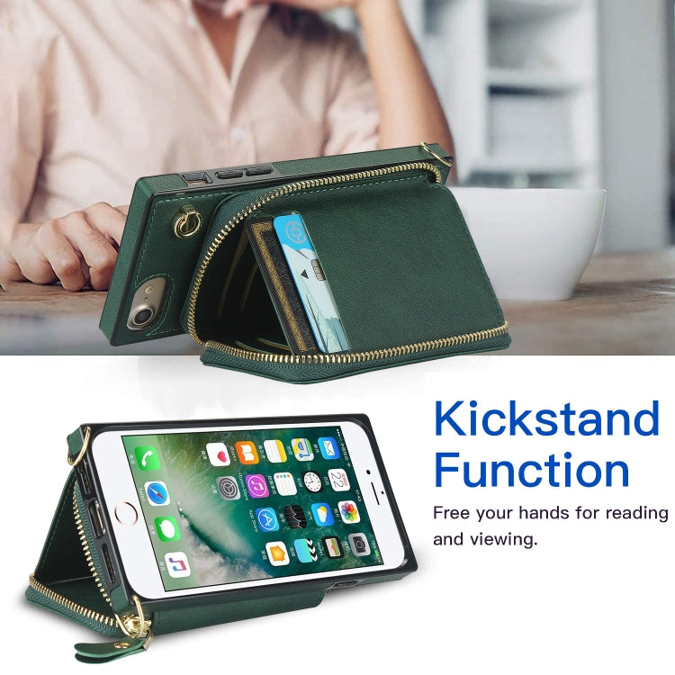For iPhone SE 2022 / SE 2020 / 8 / 7 Cross-body Zipper Big Wallet Bag Square TPU+PU Back Cover Case with Holder & Card Slots & Wallet & Strap
