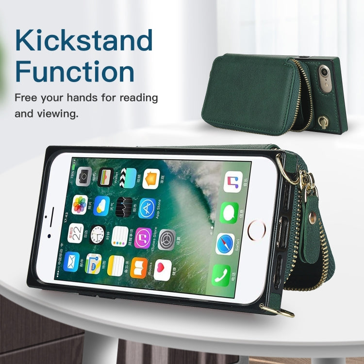 For iPhone SE 2022 / SE 2020 / 8 / 7 Cross-body Zipper Big Wallet Bag Square TPU+PU Back Cover Case with Holder & Card Slots & Wallet & Strap