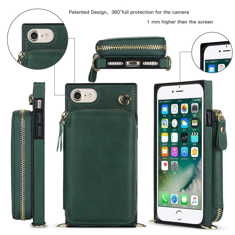 For iPhone SE 2022 / SE 2020 / 8 / 7 Cross-body Zipper Big Wallet Bag Square TPU+PU Back Cover Case with Holder & Card Slots & Wallet & Strap