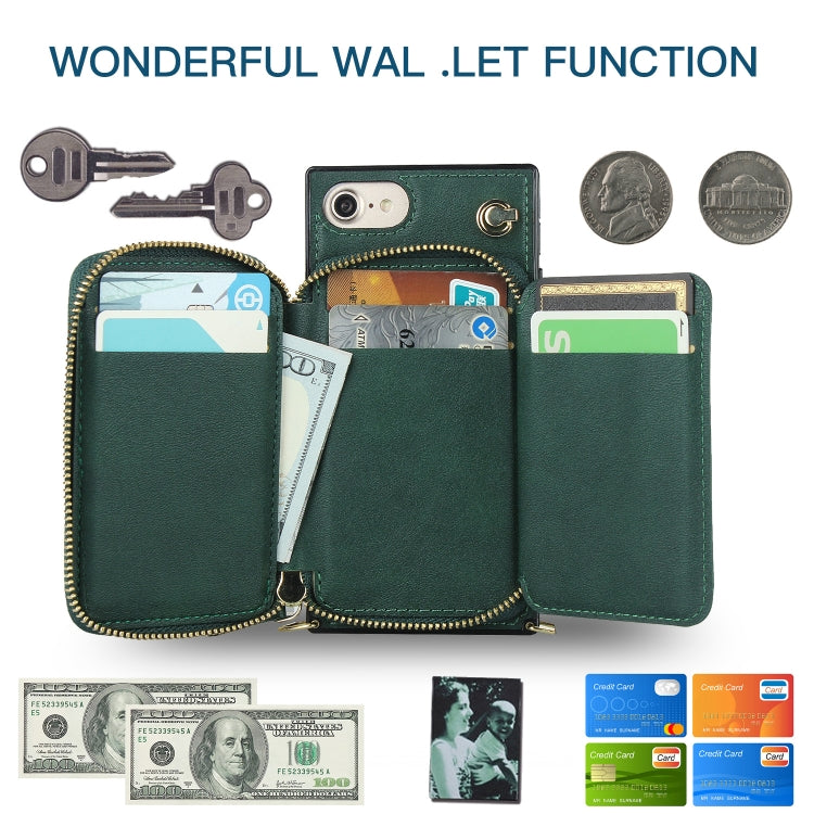 For iPhone SE 2022 / SE 2020 / 8 / 7 Cross-body Zipper Big Wallet Bag Square TPU+PU Back Cover Case with Holder & Card Slots & Wallet & Strap
