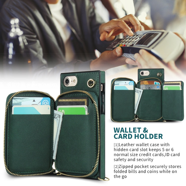 For iPhone SE 2022 / SE 2020 / 8 / 7 Cross-body Zipper Big Wallet Bag Square TPU+PU Back Cover Case with Holder & Card Slots & Wallet & Strap