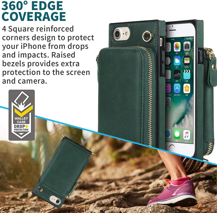 For iPhone SE 2022 / SE 2020 / 8 / 7 Cross-body Zipper Big Wallet Bag Square TPU+PU Back Cover Case with Holder & Card Slots & Wallet & Strap