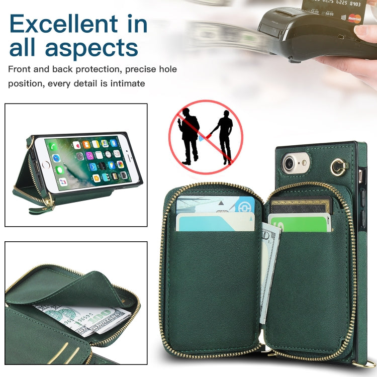 For iPhone SE 2022 / SE 2020 / 8 / 7 Cross-body Zipper Big Wallet Bag Square TPU+PU Back Cover Case with Holder & Card Slots & Wallet & Strap