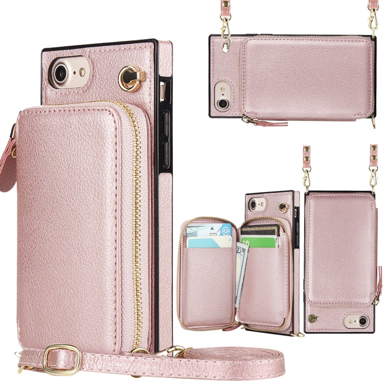 For iPhone SE 2022 / SE 2020 / 8 / 7 Cross-body Zipper Big Wallet Bag Square TPU+PU Back Cover Case with Holder & Card Slots & Wallet & Strap