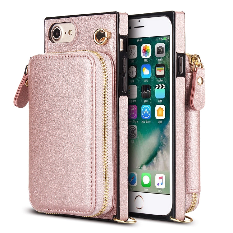 For iPhone SE 2022 / SE 2020 / 8 / 7 Cross-body Zipper Big Wallet Bag Square TPU+PU Back Cover Case with Holder & Card Slots & Wallet & Strap