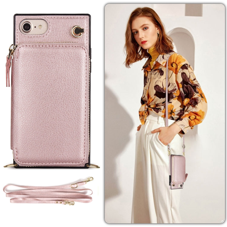 For iPhone SE 2022 / SE 2020 / 8 / 7 Cross-body Zipper Big Wallet Bag Square TPU+PU Back Cover Case with Holder & Card Slots & Wallet & Strap