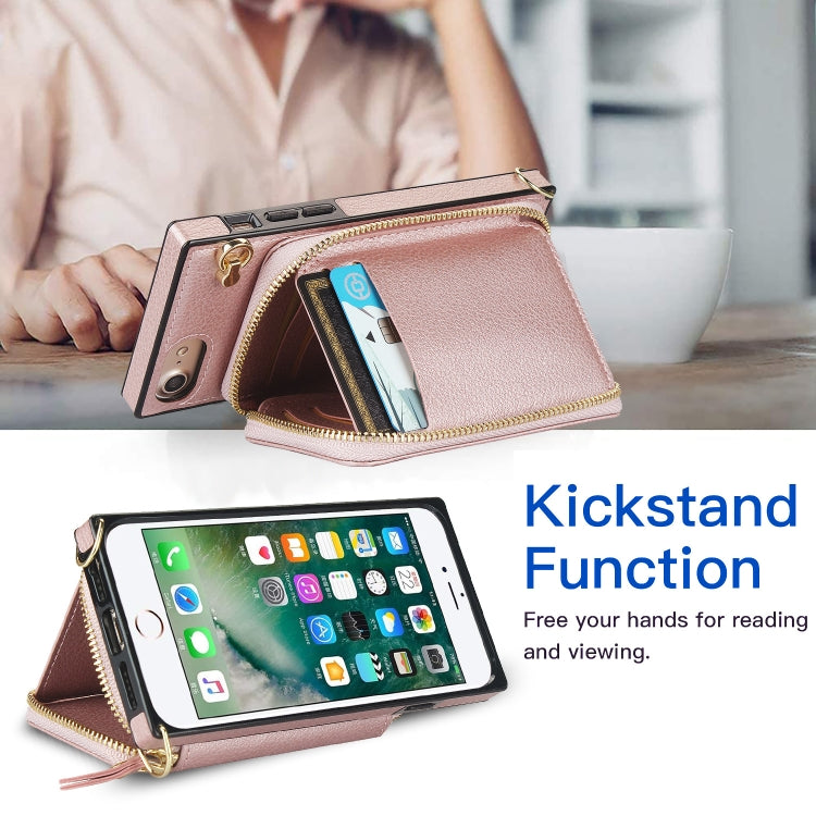 For iPhone SE 2022 / SE 2020 / 8 / 7 Cross-body Zipper Big Wallet Bag Square TPU+PU Back Cover Case with Holder & Card Slots & Wallet & Strap