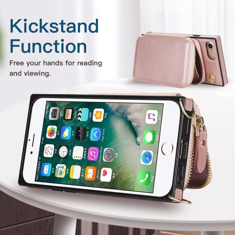 For iPhone SE 2022 / SE 2020 / 8 / 7 Cross-body Zipper Big Wallet Bag Square TPU+PU Back Cover Case with Holder & Card Slots & Wallet & Strap