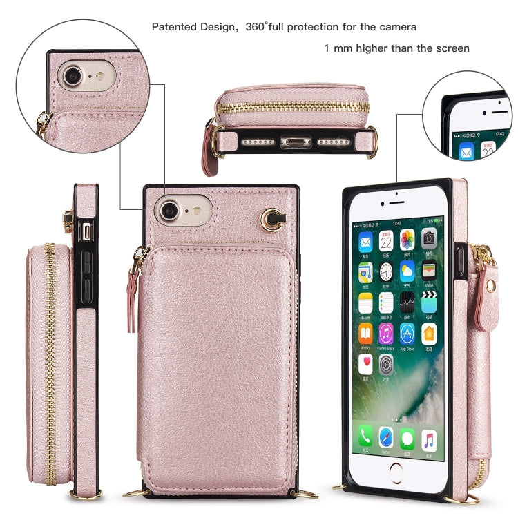 For iPhone SE 2022 / SE 2020 / 8 / 7 Cross-body Zipper Big Wallet Bag Square TPU+PU Back Cover Case with Holder & Card Slots & Wallet & Strap