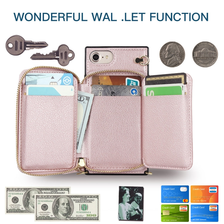 For iPhone SE 2022 / SE 2020 / 8 / 7 Cross-body Zipper Big Wallet Bag Square TPU+PU Back Cover Case with Holder & Card Slots & Wallet & Strap