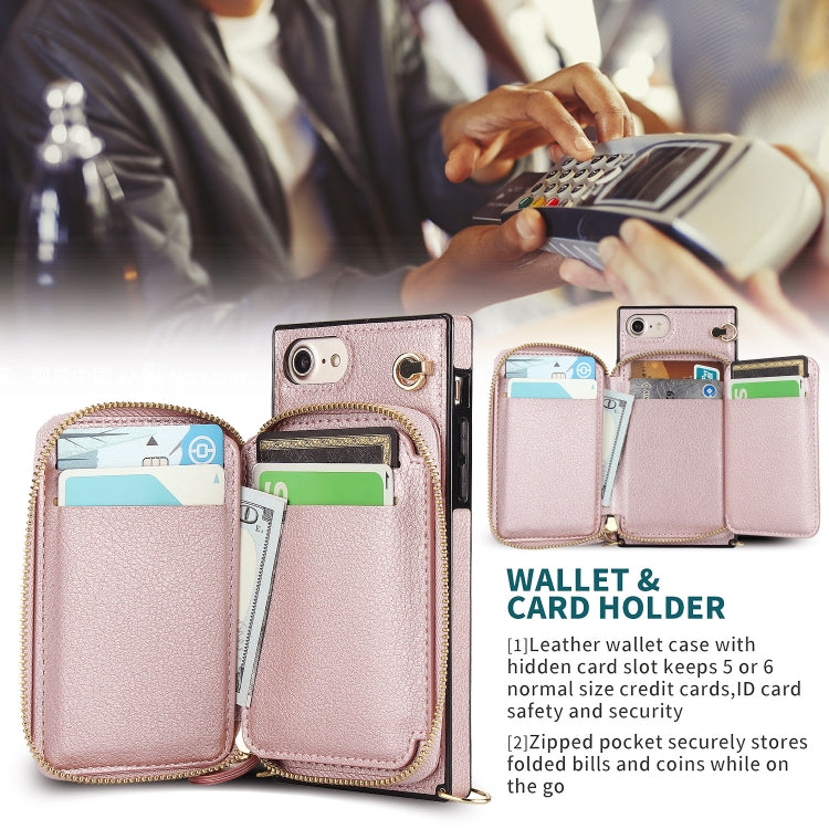 For iPhone SE 2022 / SE 2020 / 8 / 7 Cross-body Zipper Big Wallet Bag Square TPU+PU Back Cover Case with Holder & Card Slots & Wallet & Strap