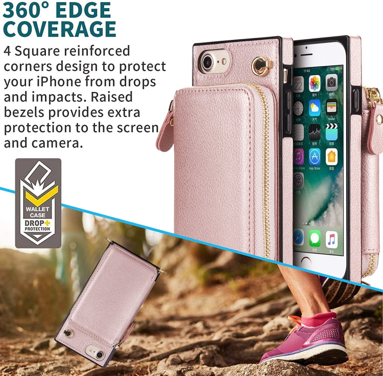 For iPhone SE 2022 / SE 2020 / 8 / 7 Cross-body Zipper Big Wallet Bag Square TPU+PU Back Cover Case with Holder & Card Slots & Wallet & Strap