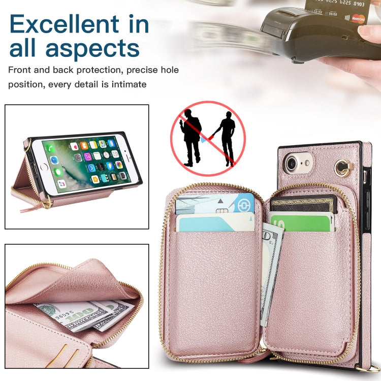 For iPhone SE 2022 / SE 2020 / 8 / 7 Cross-body Zipper Big Wallet Bag Square TPU+PU Back Cover Case with Holder & Card Slots & Wallet & Strap