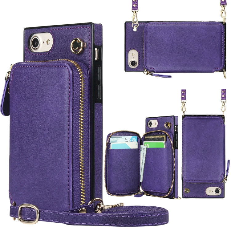 For iPhone SE 2022 / SE 2020 / 8 / 7 Cross-body Zipper Big Wallet Bag Square TPU+PU Back Cover Case with Holder & Card Slots & Wallet & Strap