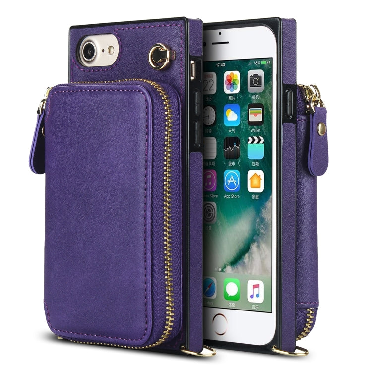 For iPhone SE 2022 / SE 2020 / 8 / 7 Cross-body Zipper Big Wallet Bag Square TPU+PU Back Cover Case with Holder & Card Slots & Wallet & Strap