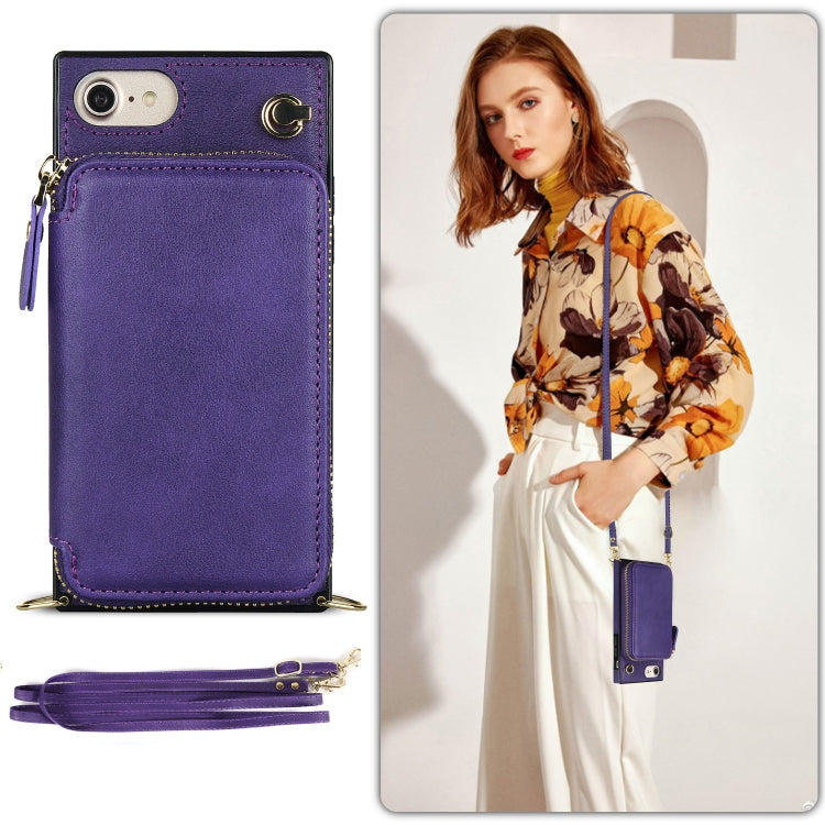 For iPhone SE 2022 / SE 2020 / 8 / 7 Cross-body Zipper Big Wallet Bag Square TPU+PU Back Cover Case with Holder & Card Slots & Wallet & Strap