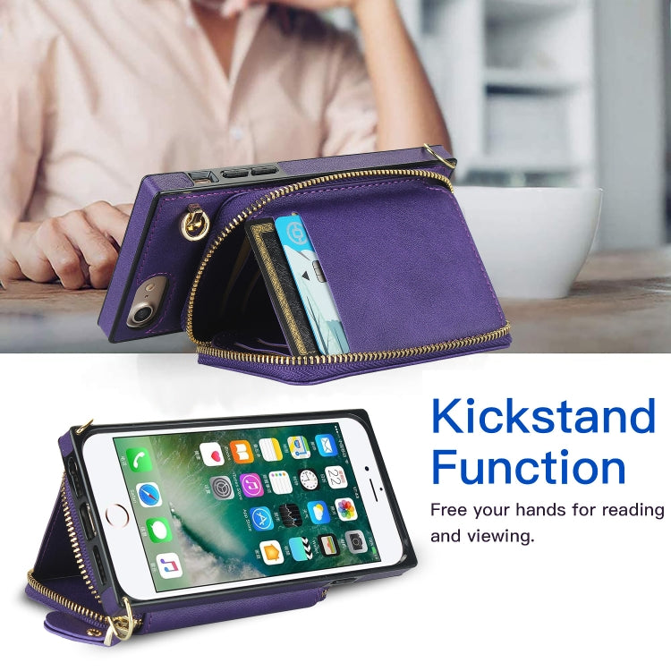 For iPhone SE 2022 / SE 2020 / 8 / 7 Cross-body Zipper Big Wallet Bag Square TPU+PU Back Cover Case with Holder & Card Slots & Wallet & Strap