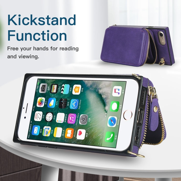 For iPhone SE 2022 / SE 2020 / 8 / 7 Cross-body Zipper Big Wallet Bag Square TPU+PU Back Cover Case with Holder & Card Slots & Wallet & Strap