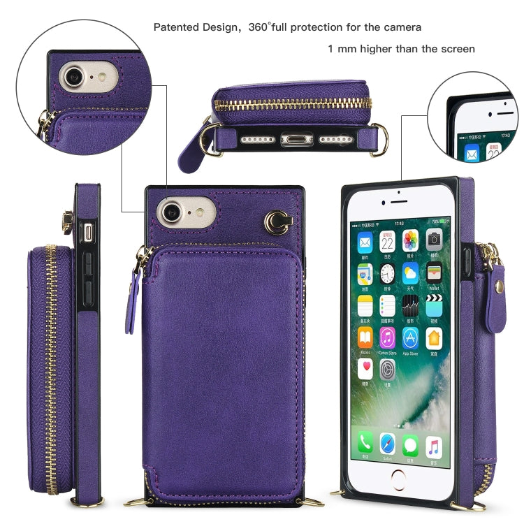 For iPhone SE 2022 / SE 2020 / 8 / 7 Cross-body Zipper Big Wallet Bag Square TPU+PU Back Cover Case with Holder & Card Slots & Wallet & Strap