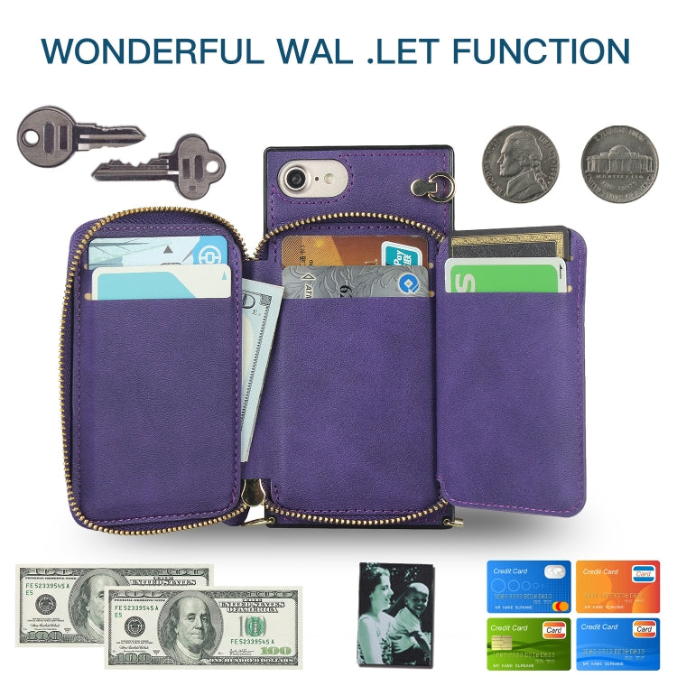 For iPhone SE 2022 / SE 2020 / 8 / 7 Cross-body Zipper Big Wallet Bag Square TPU+PU Back Cover Case with Holder & Card Slots & Wallet & Strap