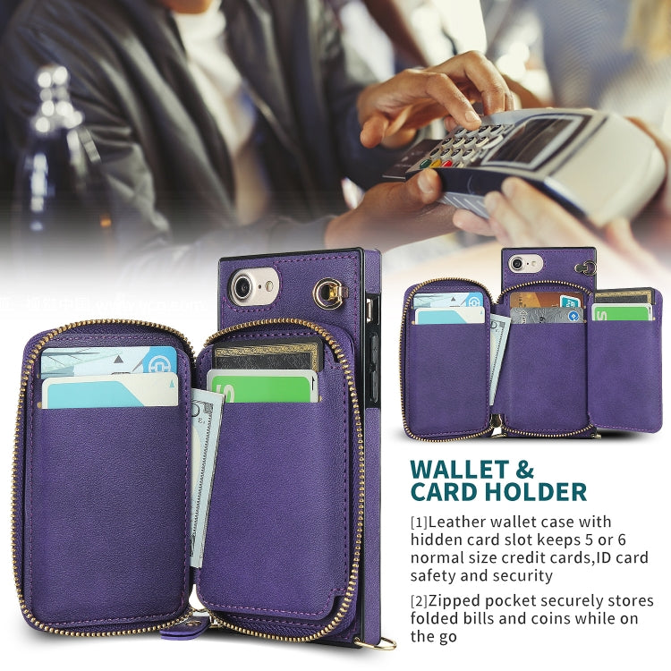 For iPhone SE 2022 / SE 2020 / 8 / 7 Cross-body Zipper Big Wallet Bag Square TPU+PU Back Cover Case with Holder & Card Slots & Wallet & Strap
