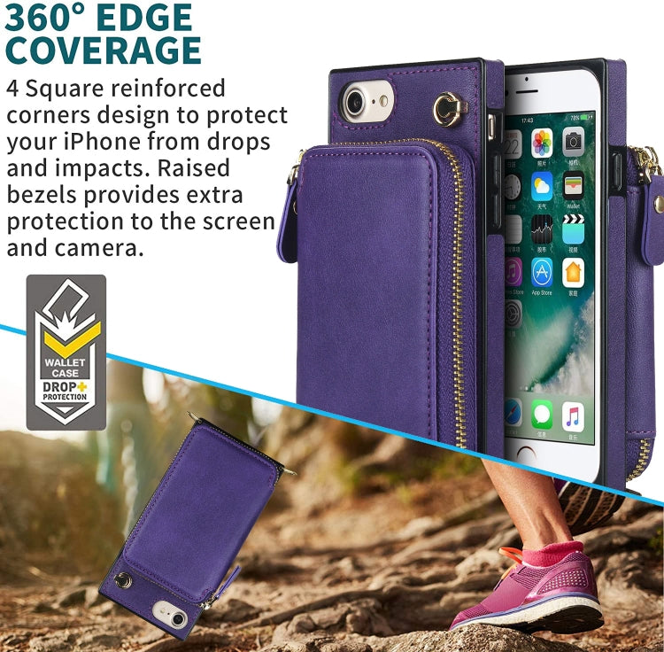 For iPhone SE 2022 / SE 2020 / 8 / 7 Cross-body Zipper Big Wallet Bag Square TPU+PU Back Cover Case with Holder & Card Slots & Wallet & Strap