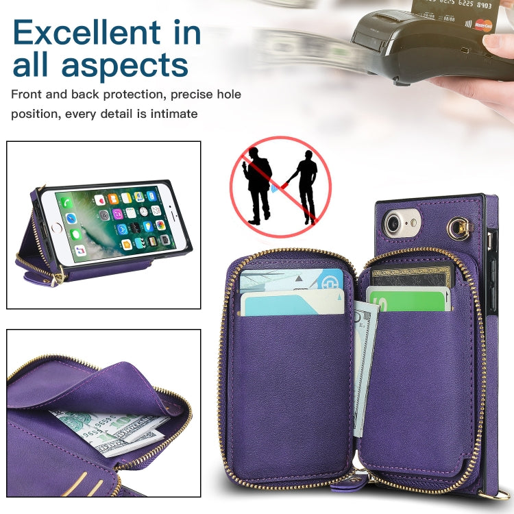 For iPhone SE 2022 / SE 2020 / 8 / 7 Cross-body Zipper Big Wallet Bag Square TPU+PU Back Cover Case with Holder & Card Slots & Wallet & Strap