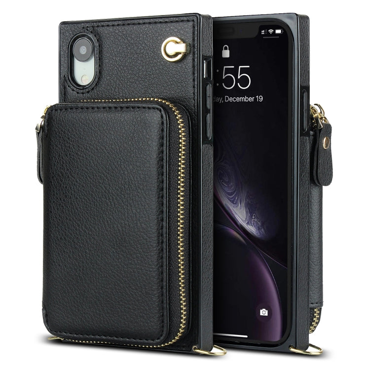 For iPhone XR Cross-body Zipper Big Wallet Bag Square TPU+PU Back Cover Case with Holder & Card Slots & Wallet & Strap