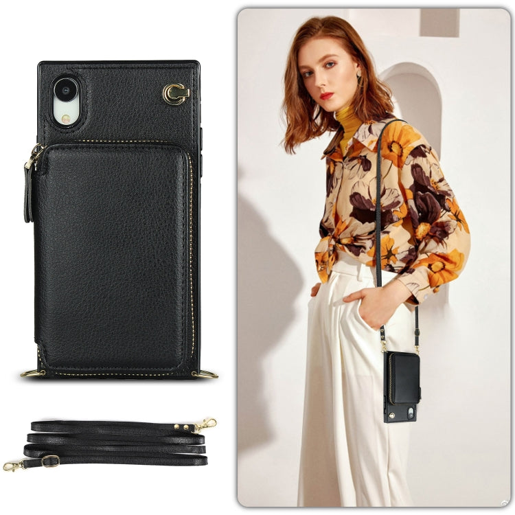 For iPhone XR Cross-body Zipper Big Wallet Bag Square TPU+PU Back Cover Case with Holder & Card Slots & Wallet & Strap
