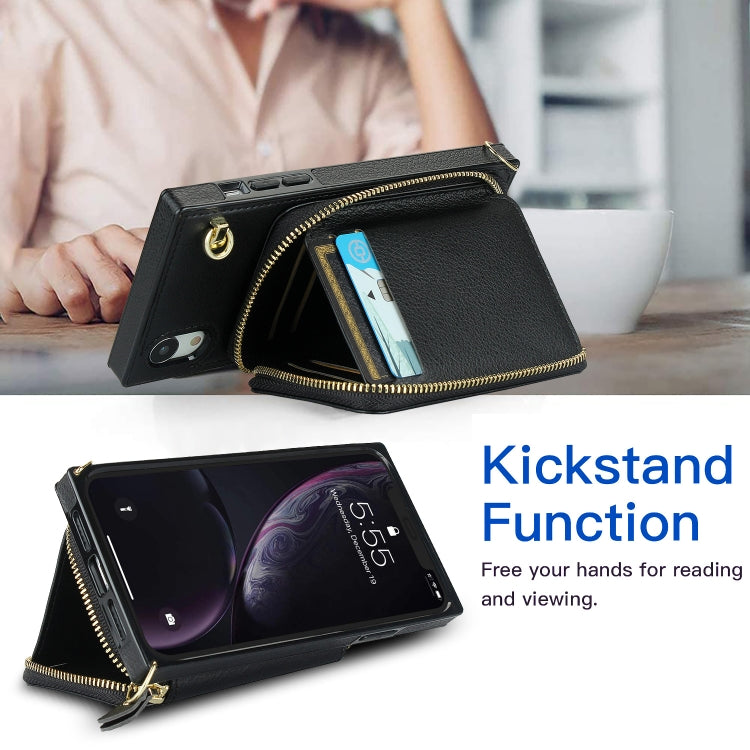 For iPhone XR Cross-body Zipper Big Wallet Bag Square TPU+PU Back Cover Case with Holder & Card Slots & Wallet & Strap