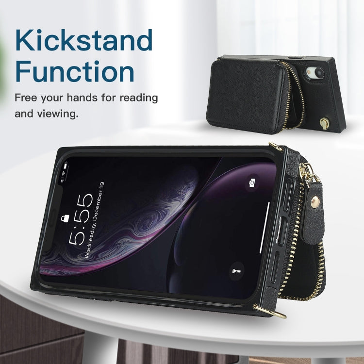For iPhone XR Cross-body Zipper Big Wallet Bag Square TPU+PU Back Cover Case with Holder & Card Slots & Wallet & Strap