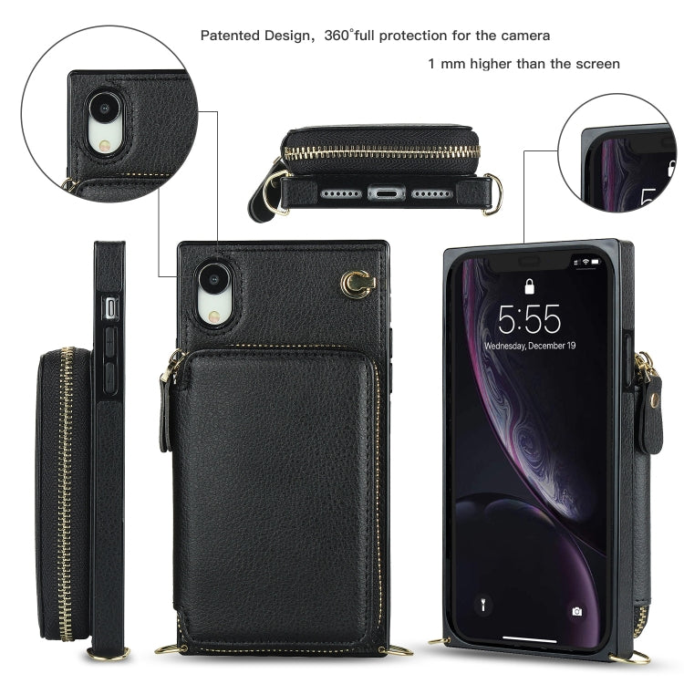 For iPhone XR Cross-body Zipper Big Wallet Bag Square TPU+PU Back Cover Case with Holder & Card Slots & Wallet & Strap