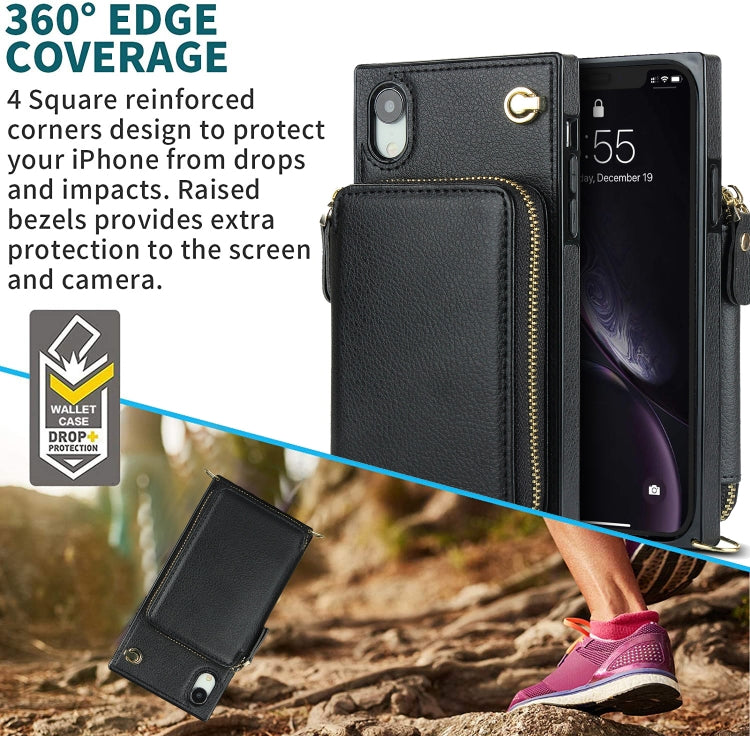 For iPhone XR Cross-body Zipper Big Wallet Bag Square TPU+PU Back Cover Case with Holder & Card Slots & Wallet & Strap