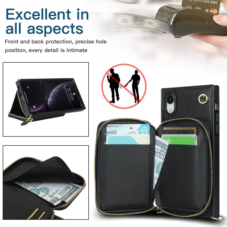 For iPhone XR Cross-body Zipper Big Wallet Bag Square TPU+PU Back Cover Case with Holder & Card Slots & Wallet & Strap