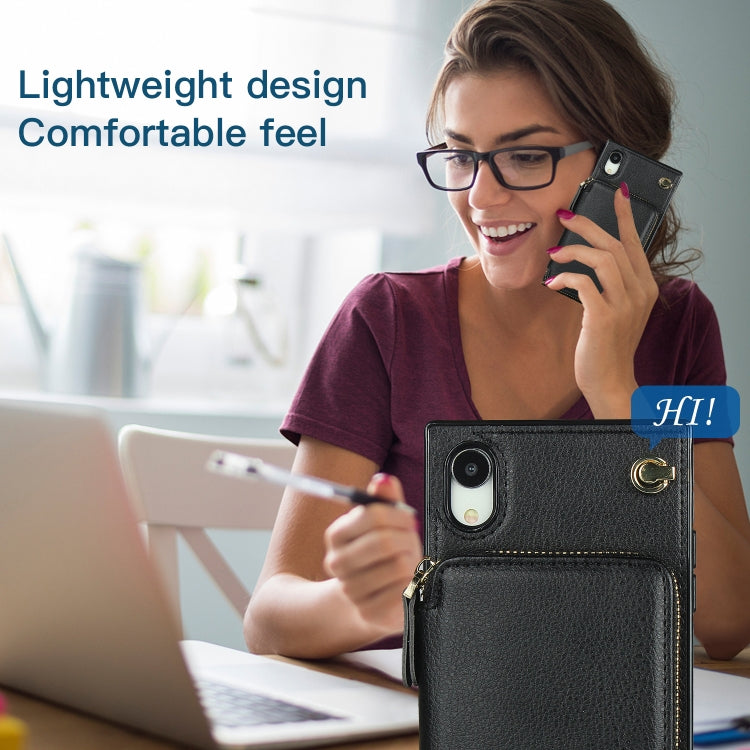 For iPhone XR Cross-body Zipper Big Wallet Bag Square TPU+PU Back Cover Case with Holder & Card Slots & Wallet & Strap