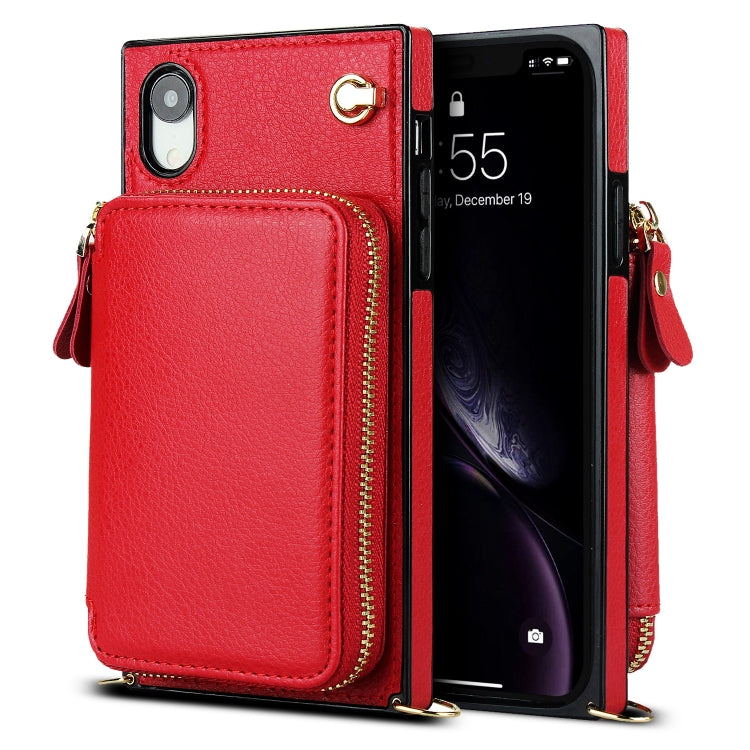 For iPhone XR Cross-body Zipper Big Wallet Bag Square TPU+PU Back Cover Case with Holder & Card Slots & Wallet & Strap