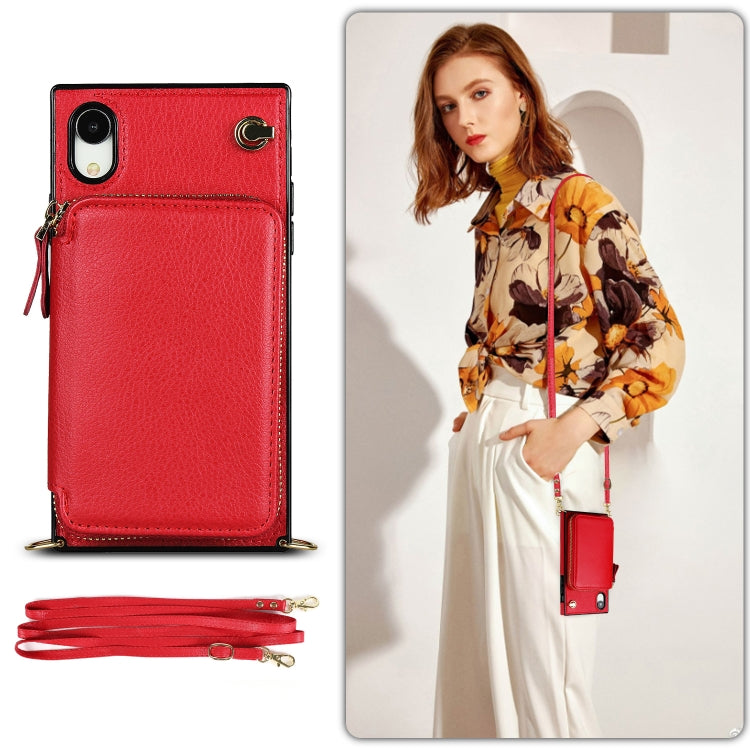 For iPhone XR Cross-body Zipper Big Wallet Bag Square TPU+PU Back Cover Case with Holder & Card Slots & Wallet & Strap