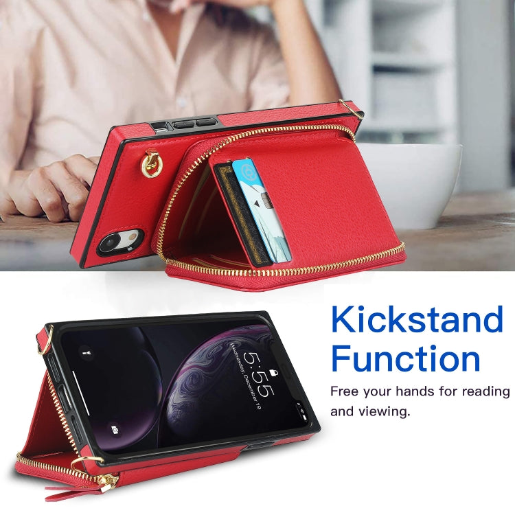 For iPhone XR Cross-body Zipper Big Wallet Bag Square TPU+PU Back Cover Case with Holder & Card Slots & Wallet & Strap