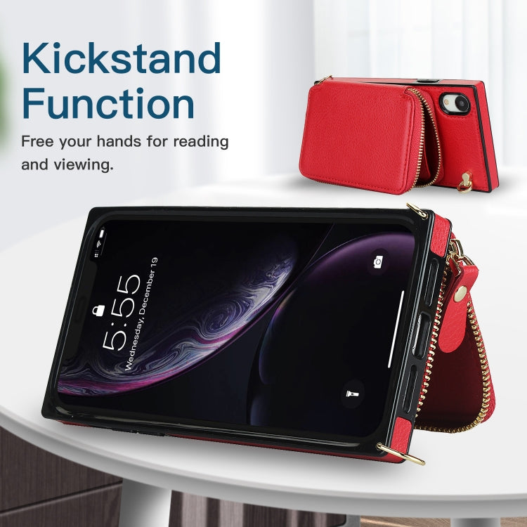 For iPhone XR Cross-body Zipper Big Wallet Bag Square TPU+PU Back Cover Case with Holder & Card Slots & Wallet & Strap