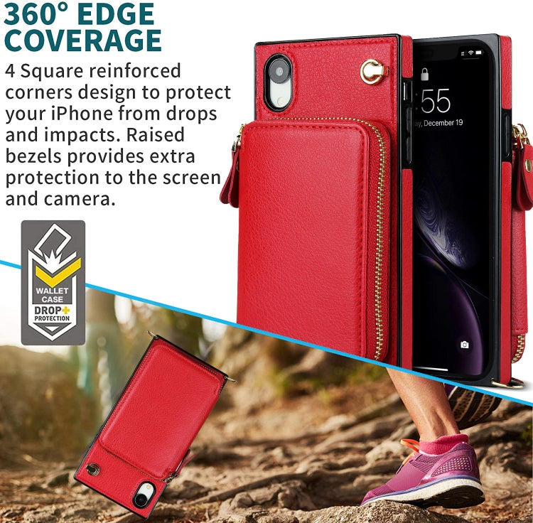 For iPhone XR Cross-body Zipper Big Wallet Bag Square TPU+PU Back Cover Case with Holder & Card Slots & Wallet & Strap