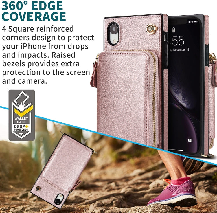 For iPhone XR Cross-body Zipper Big Wallet Bag Square TPU+PU Back Cover Case with Holder & Card Slots & Wallet & Strap