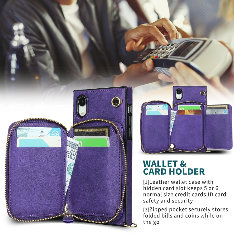 For iPhone XR Cross-body Zipper Big Wallet Bag Square TPU+PU Back Cover Case with Holder & Card Slots & Wallet & Strap