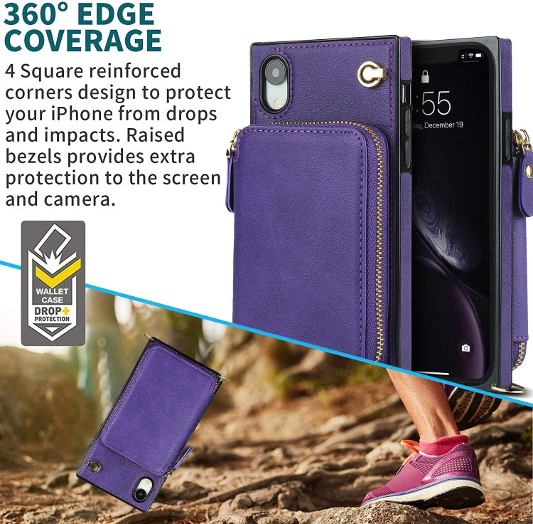 For iPhone XR Cross-body Zipper Big Wallet Bag Square TPU+PU Back Cover Case with Holder & Card Slots & Wallet & Strap
